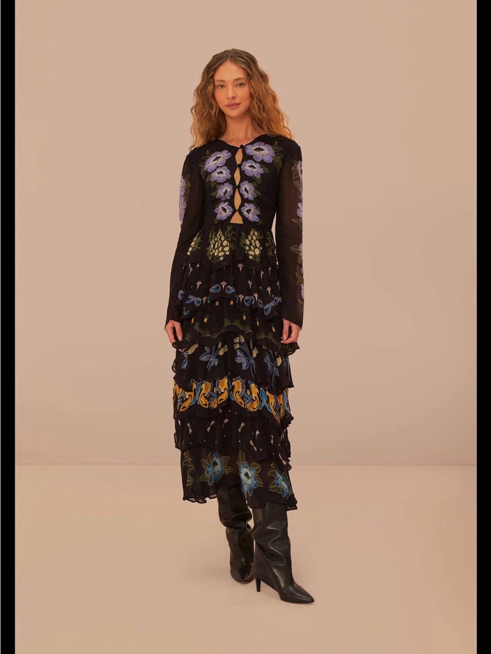 FARM Rio Black Floral Tiered Maxi Dress with Purple and Yellow Accents